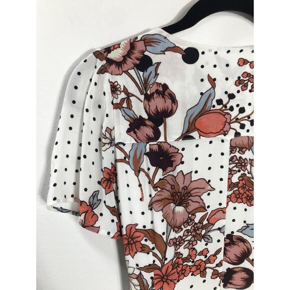 Anthropologie Maeve Aubrey White Black Pink Floral Wrap Short Dress 2 Vacation - Picture 7 of 10